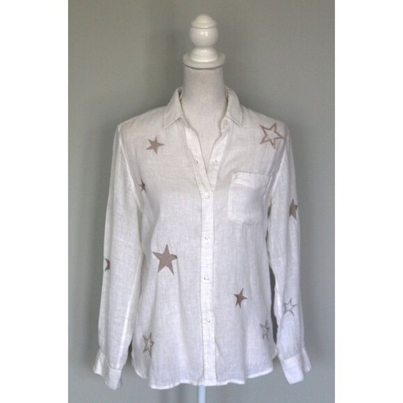 RAILS Charli White & Rose Gold Star Embroidery Linen Blend Button Shirt Top, XS - Picture 4 of 14